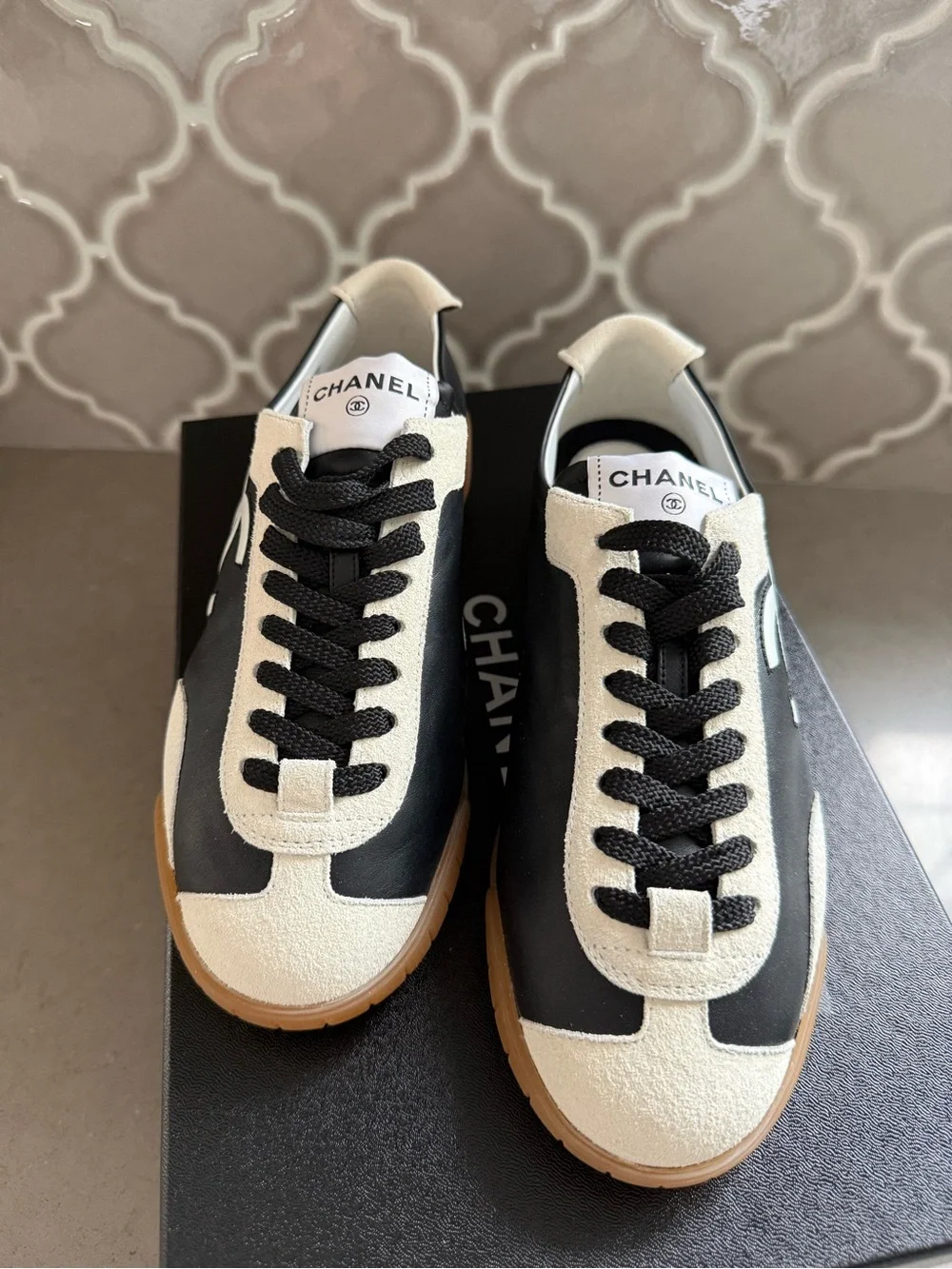 BNWT Chanel Black/White Calfskin & Embossed Suede Sneakers, Size 37